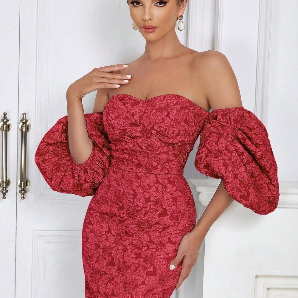 Off Shoulder Puff Sleeve Split Back Floral Jacquard Dress Red - Picture 5 of 5